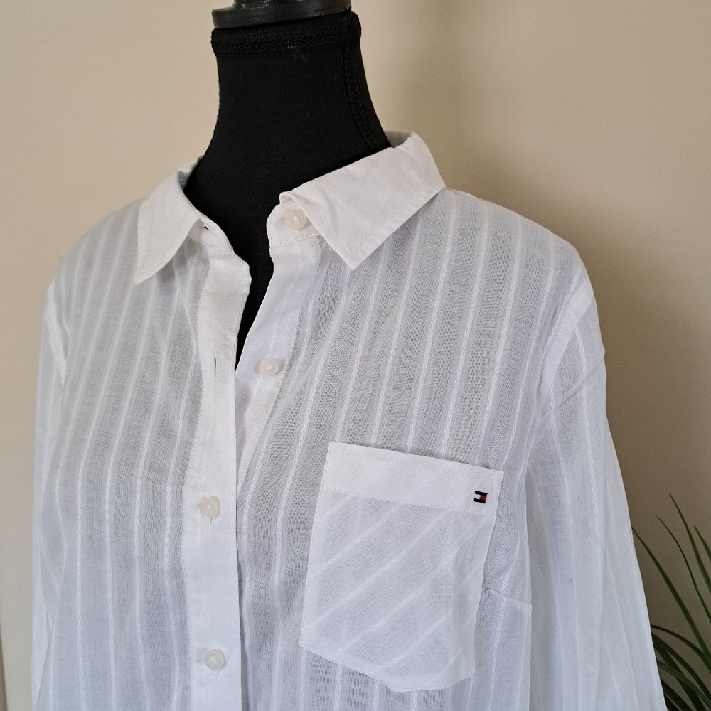 Tommy Hilfiger White Cotton Blouse Ladies XXL Roll Tab Long Sleeve Poplin Shirt - Picture 9 of 10